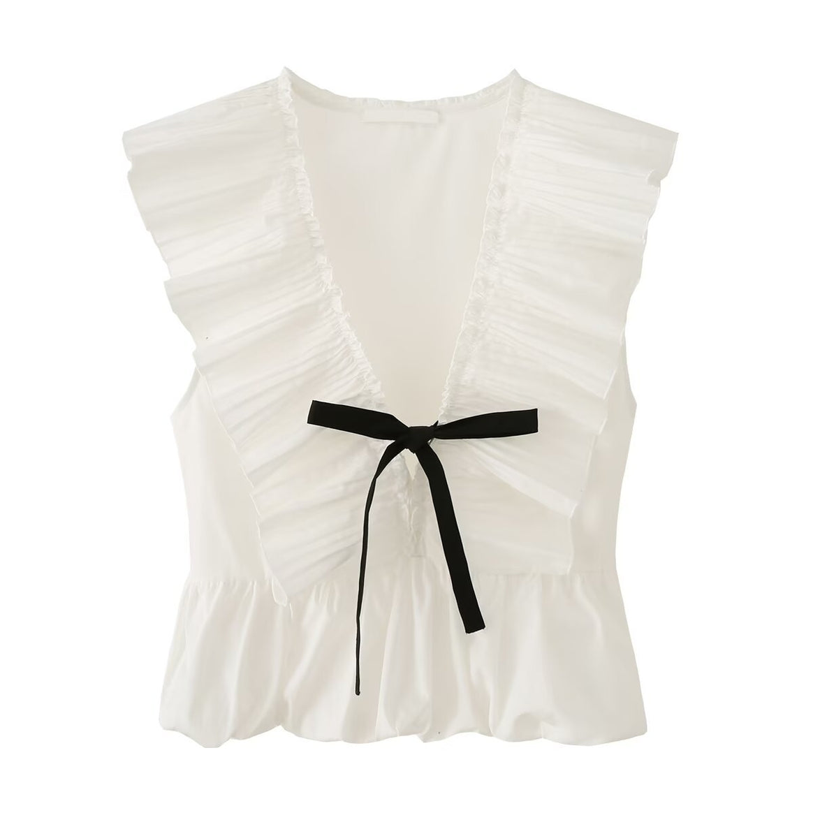 Ladies sleeveless ruffle blouse with deep V-neck, delicate pleated ruffle and tie bow detail