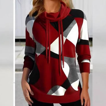 Women's Geometric Hooded Sweatshirt with Drawstring, Longline Cut and Side Pockets Mune Fashion