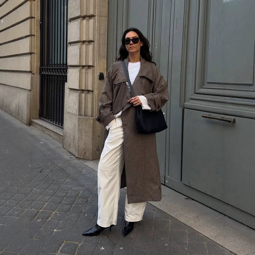 Women Oversize Coat in Glencheck with Wide Lapels and Dropped Shoulder Mune Fashion