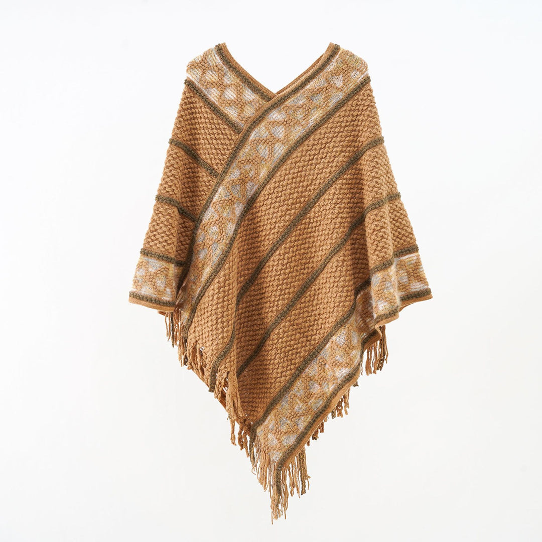 Women Oversized Knit Cape with Textured Waffle Knit Look and Cable Border Mune Fashion