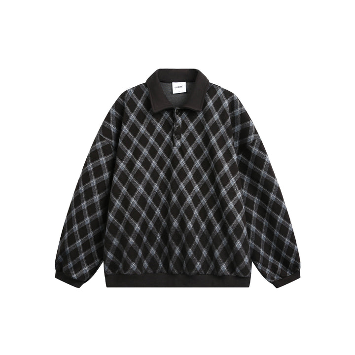 Women Checked Oversize Polo Sweater with Half Button Placket and Ribbed Cuffs Mune Fashion