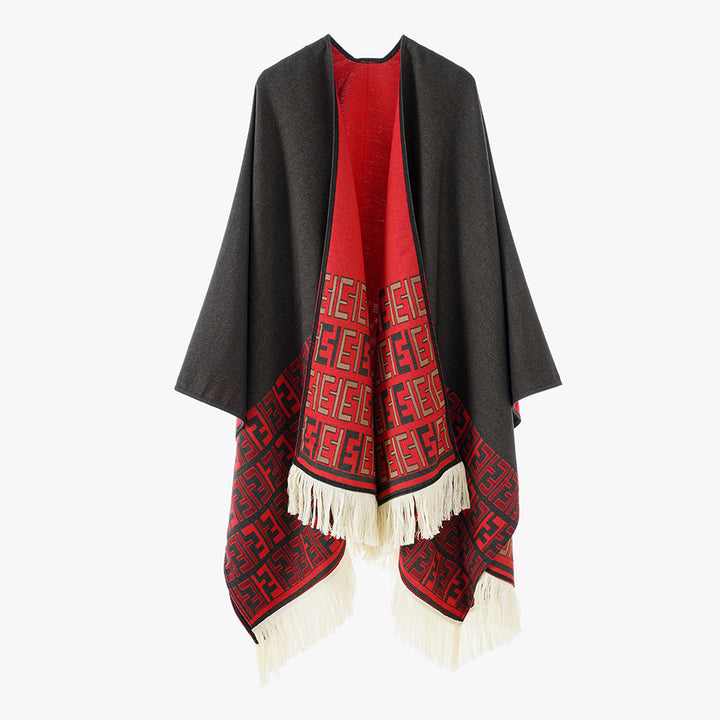 Women Reversible Jacquard Cape Wrap with Monogram Border and Fringes