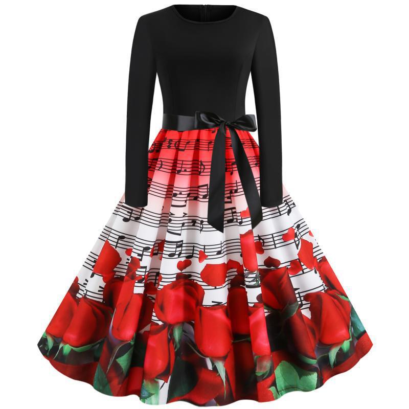 Women's fitted A-line dress with music notes and rose print long sleeves and waist bow Mune Fashion