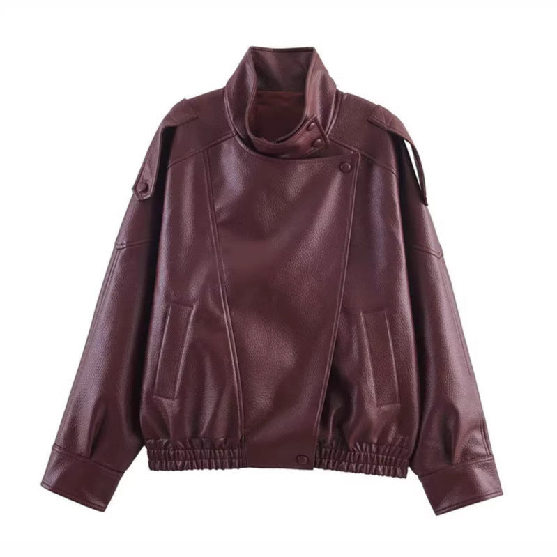 Women's Stylish Leather Jacket with High Collar