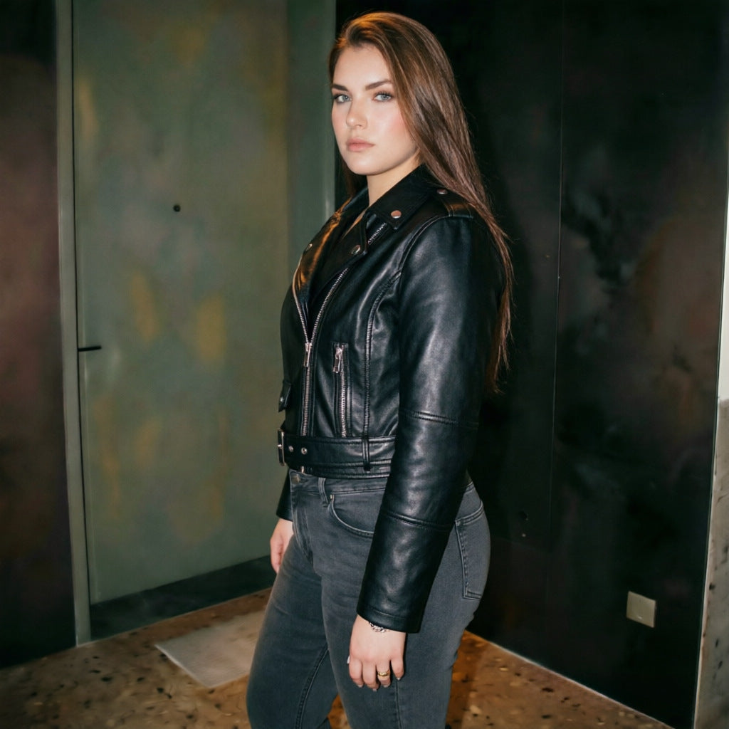 Ladies Stylish Biker Jacket with Belt Mune Fashion
