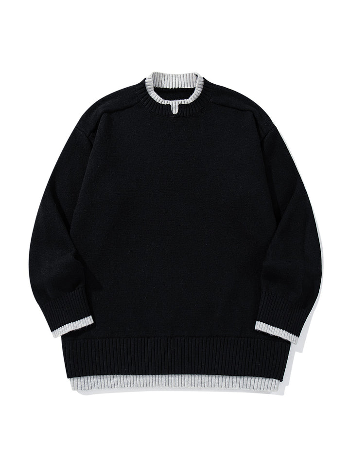Ladies Oversize Knit Sweater with Contrasting Ribbed Collar and Extended Hem Mune Fashion