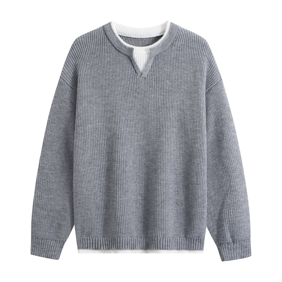 Men's Oversize Structured Knit Sweater with V-insert at Crew Neck Mune Fashion