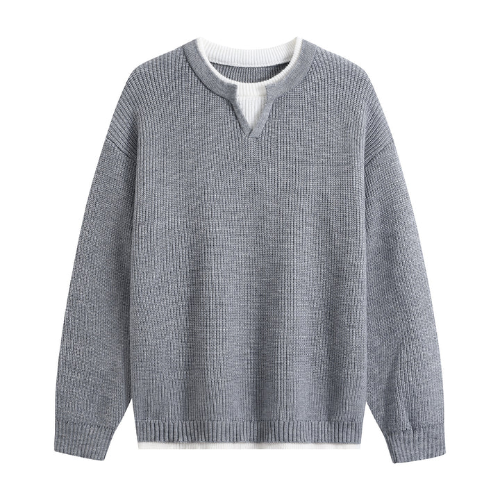 Men's Oversize Structured Knit Sweater with V-insert at Crew Neck Mune Fashion