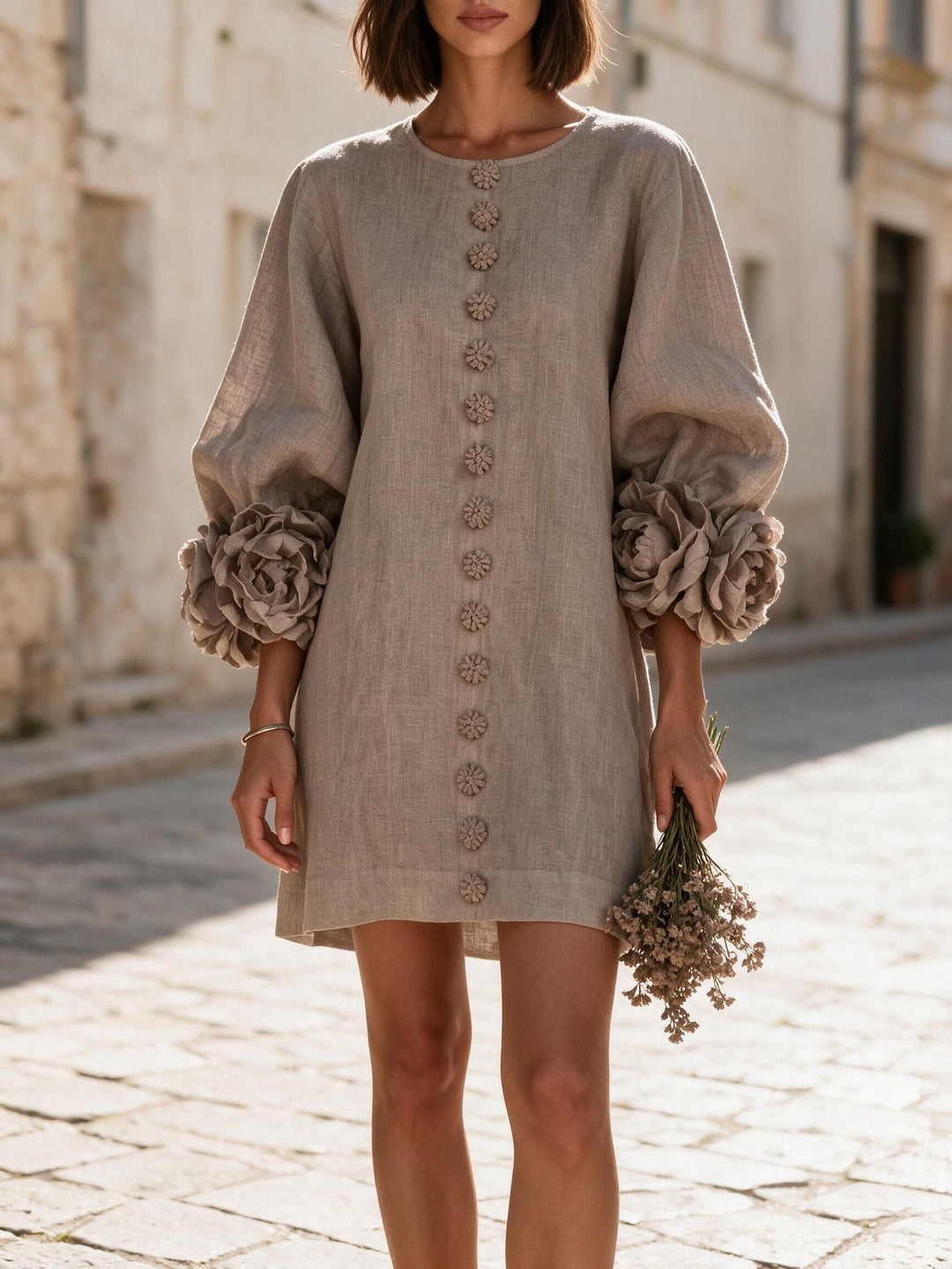 Ladies short dress made of linen with voluminous balloon sleeves and 3D flower cuffs Mune Fashion