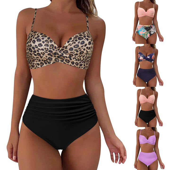Women's High-Waisted Bikini Set with Floral Top and Gathered Bottom Mune Fashion