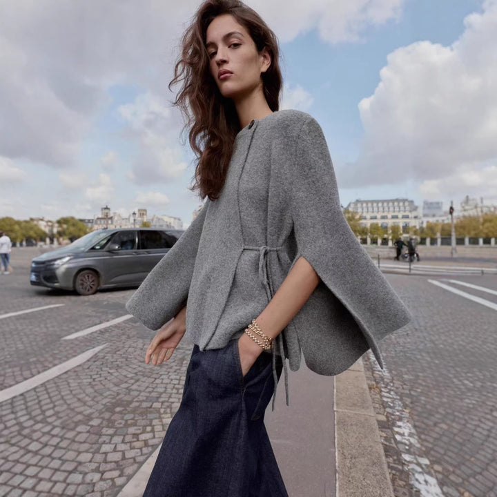 Women's Short Wool Blend Cape with Round Neck, Drawstring Waist and Bell Sleeves Mune Fashion