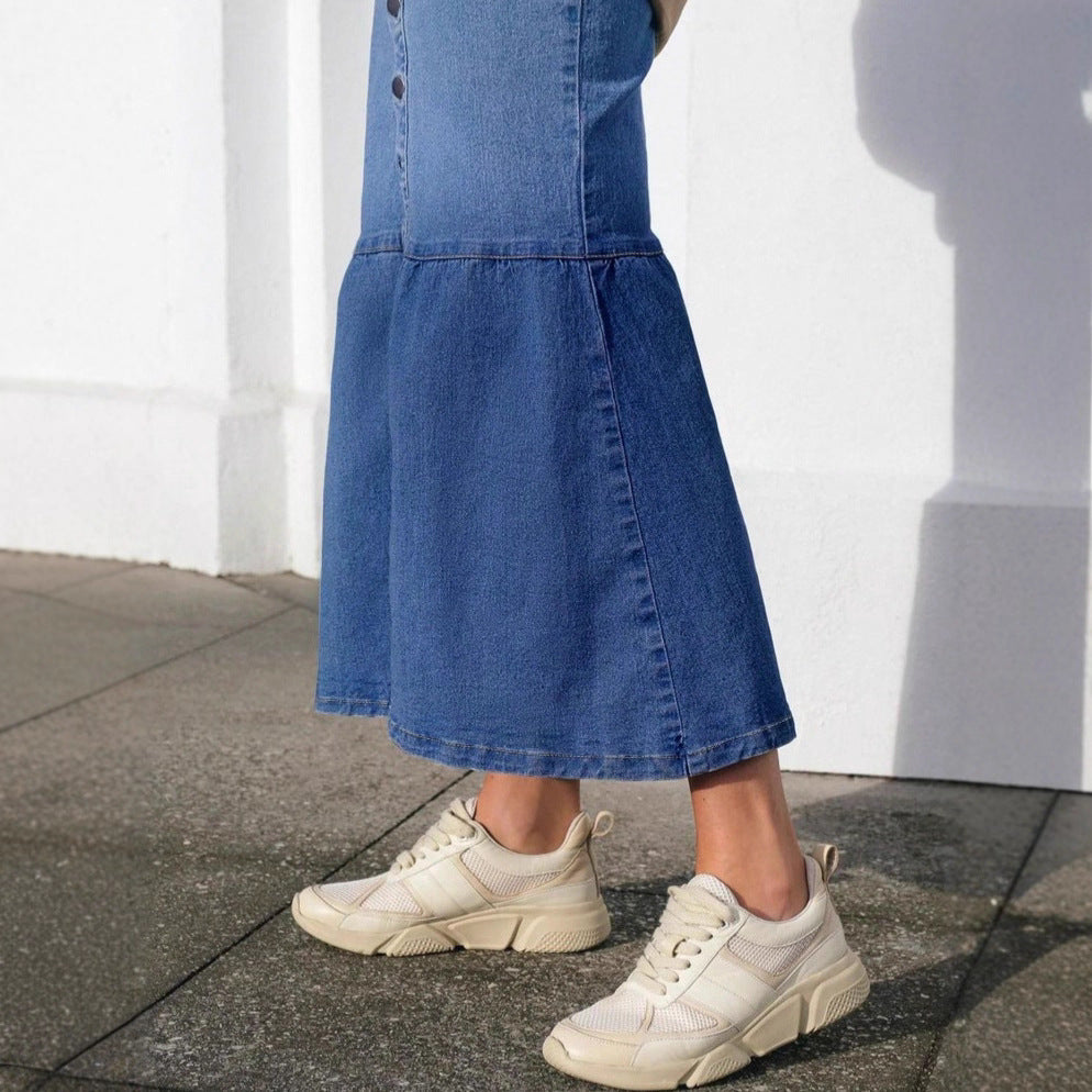 Women High-Waisted Maxi Denim Skirt with Continuous Button Placket and High Front Slit Mune Fashion