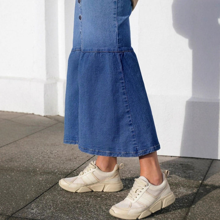 Women High-Waisted Maxi Denim Skirt with Continuous Button Placket and High Front Slit Mune Fashion