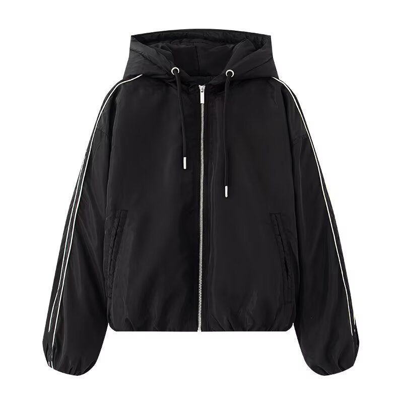 Women's oversized bomber-style hoodie jacket with drawstring, reflective piping, and elastic hem Mune Fashion