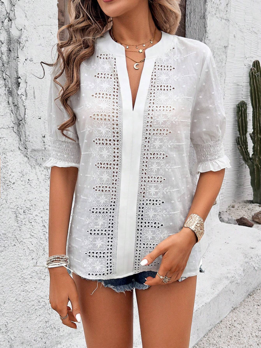 Women's Boho Tunic with Broderie Anglaise and Gathered 3/4 Sleeves Mune Fashion