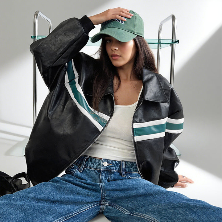 Women's Faux Leather Bomber Jacket with Retro Stripes and Full Zip Mune Fashion