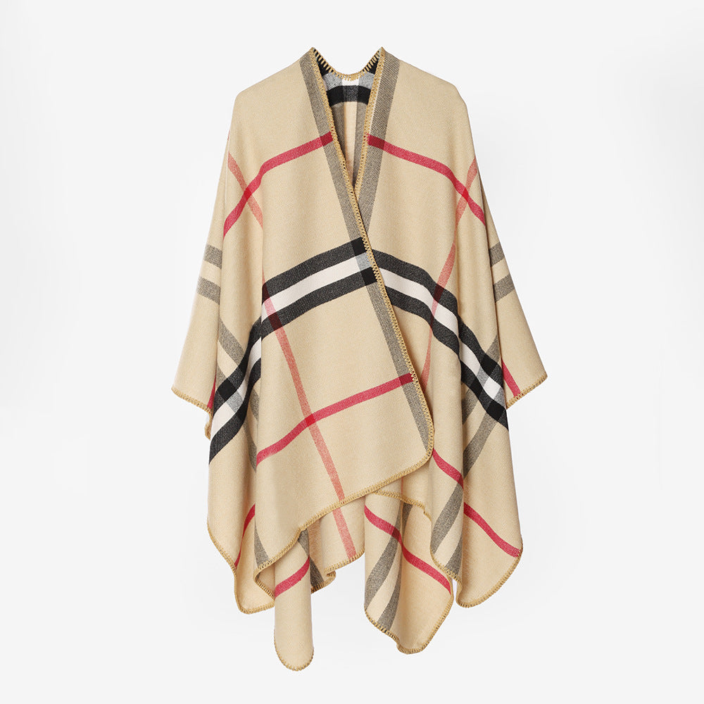 Women's Checked Wool Blend Poncho in Oversized Cape Cut with Decorative Stitch Edge Mune Fashion