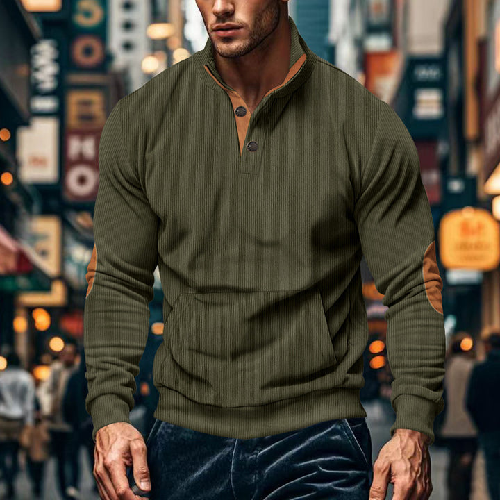 Men's structured half-collar sweatshirt with elbow patches, kangaroo pocket, and fine ribbed structure Mune Fashion