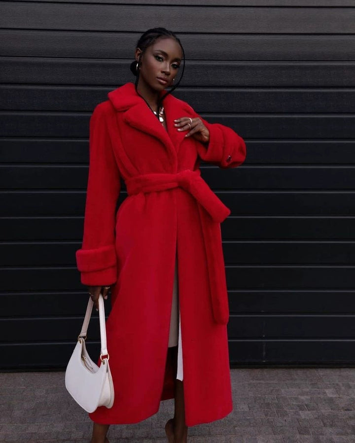 Women Elegant Maxi Wool Coat with Waist Belt, Wide Lapel and Roll-Up Cuffs Mune Fashion
