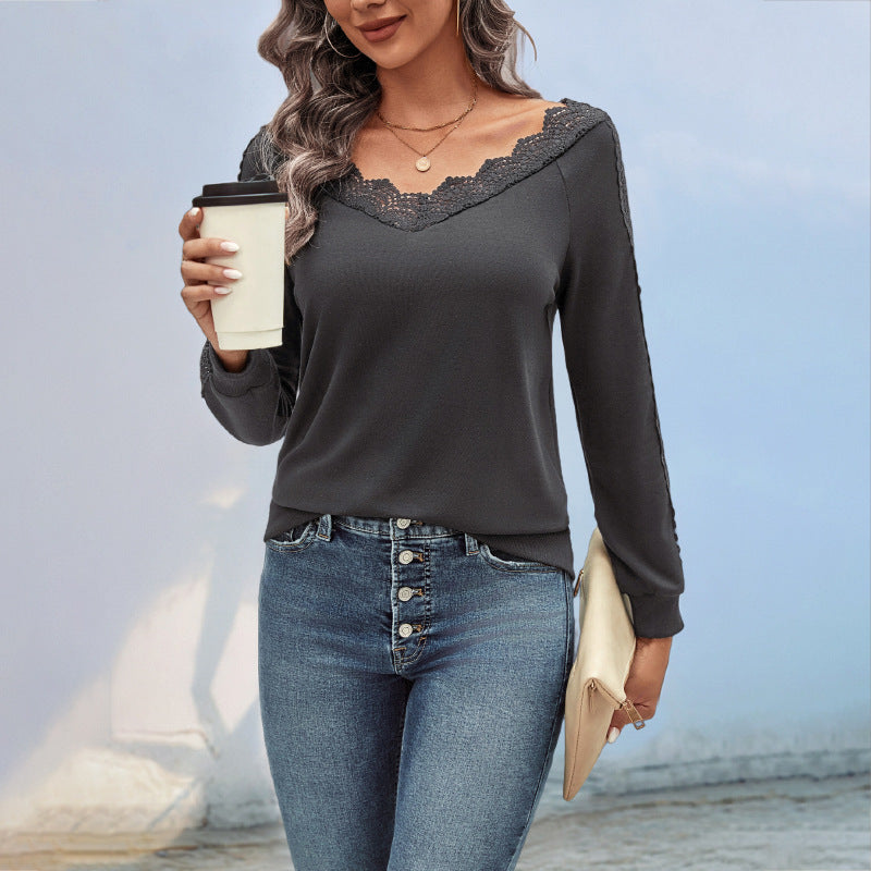 Women's fine knit long sleeve with lace V-neck and lace trim on the sleeves Mune Fashion