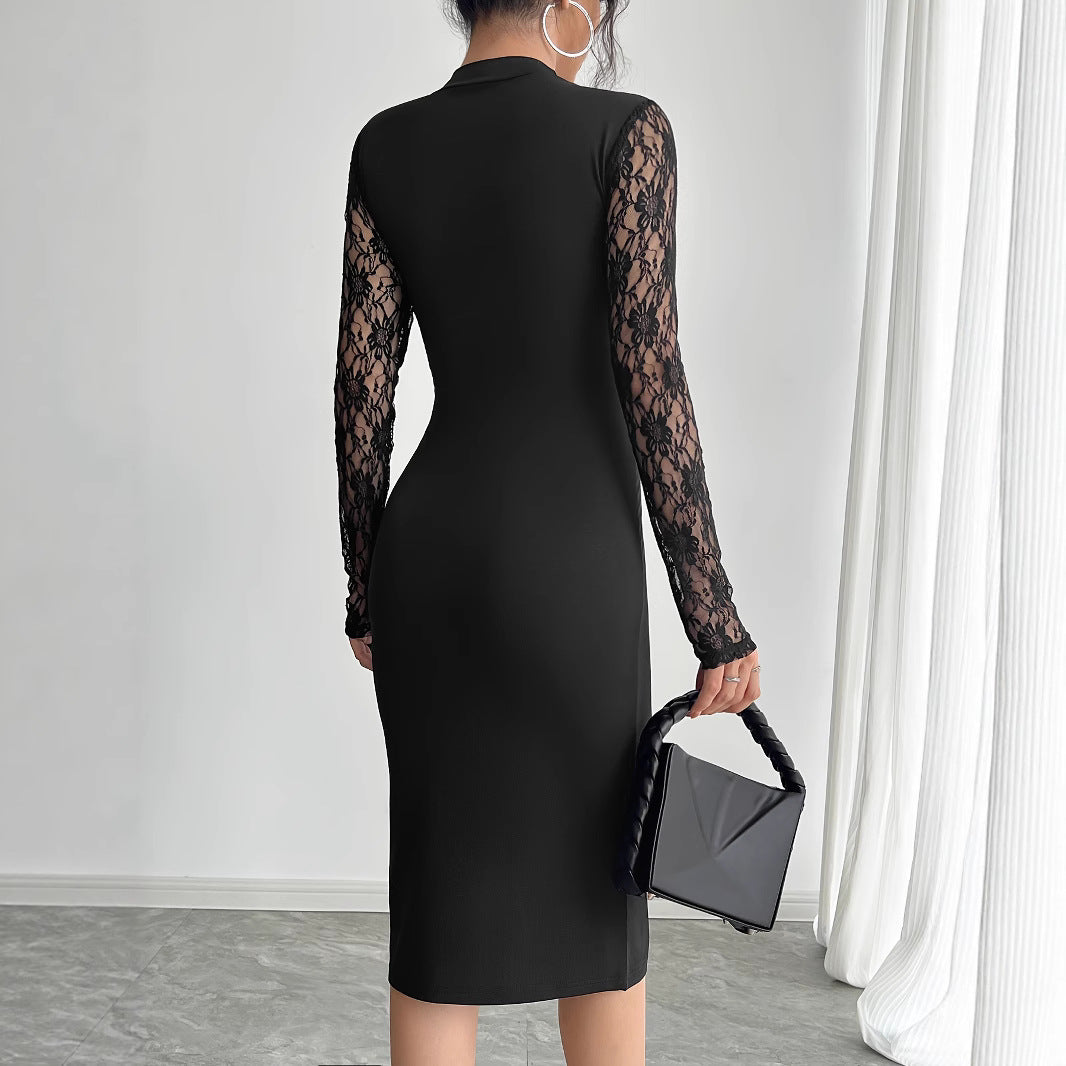 Ladies elegant fitted dress with lace sleeves, transparent waist insert and high side slit Mune Fashion