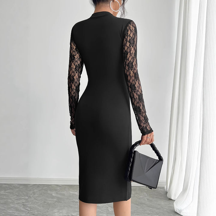 Ladies elegant fitted dress with lace sleeves, transparent waist insert and high side slit Mune Fashion