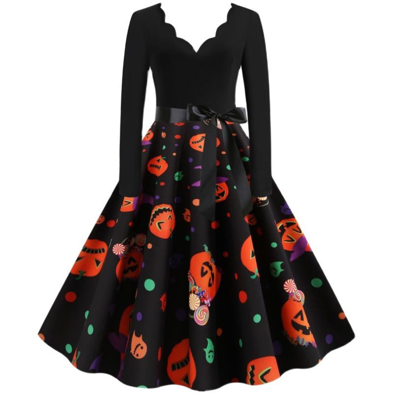 Women Retro Festive Halloween Dress with Wavy Neckline, Tailored Fit, and Soft Flared Skirt Mune Fashion