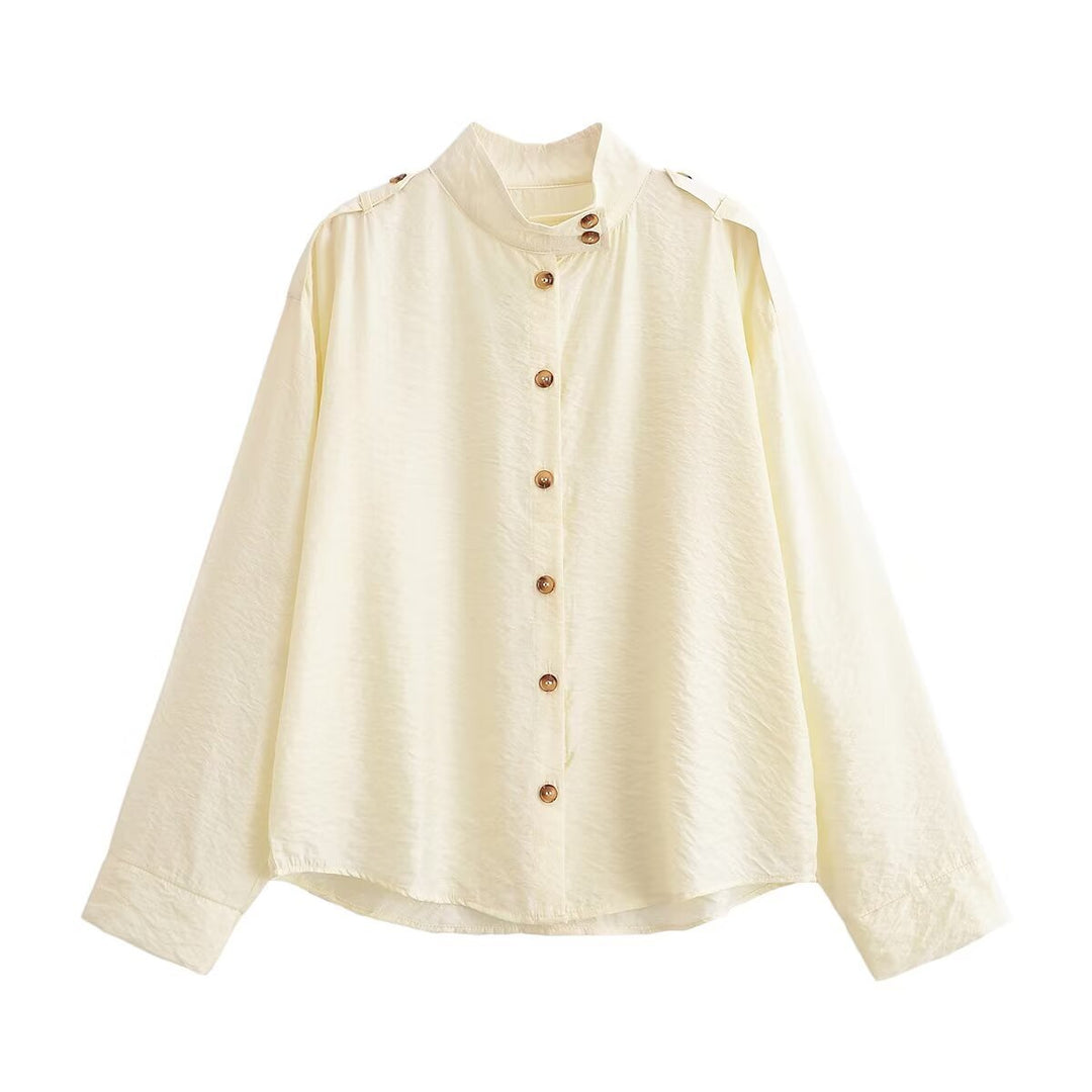 Women's Loose Silk-like Shirt with Stand Collar and Shoulder Straps Mune Fashion