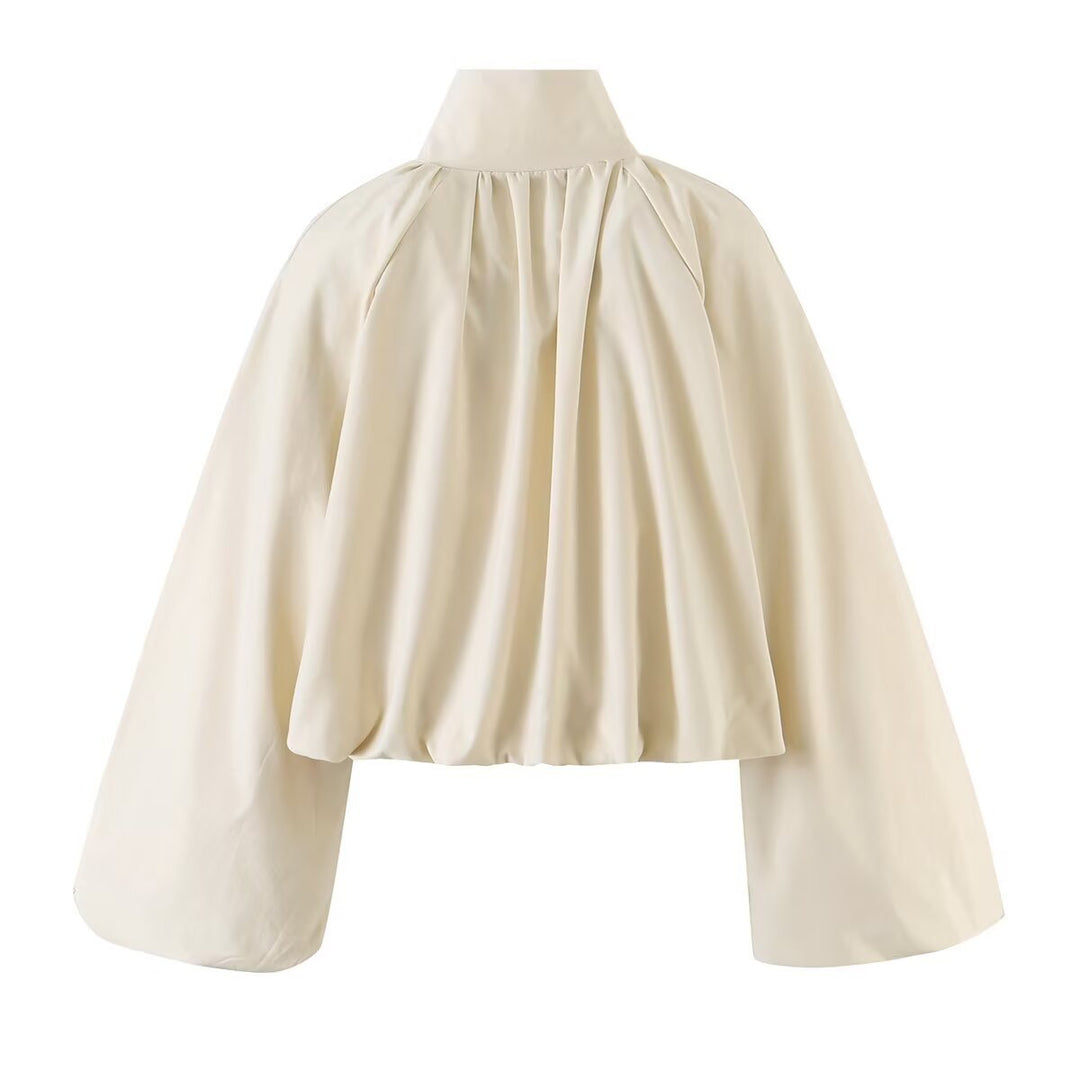 Women Short Cape-Blouson with Stand-Up Collar, Wide Trumpet Sleeves and Zipper