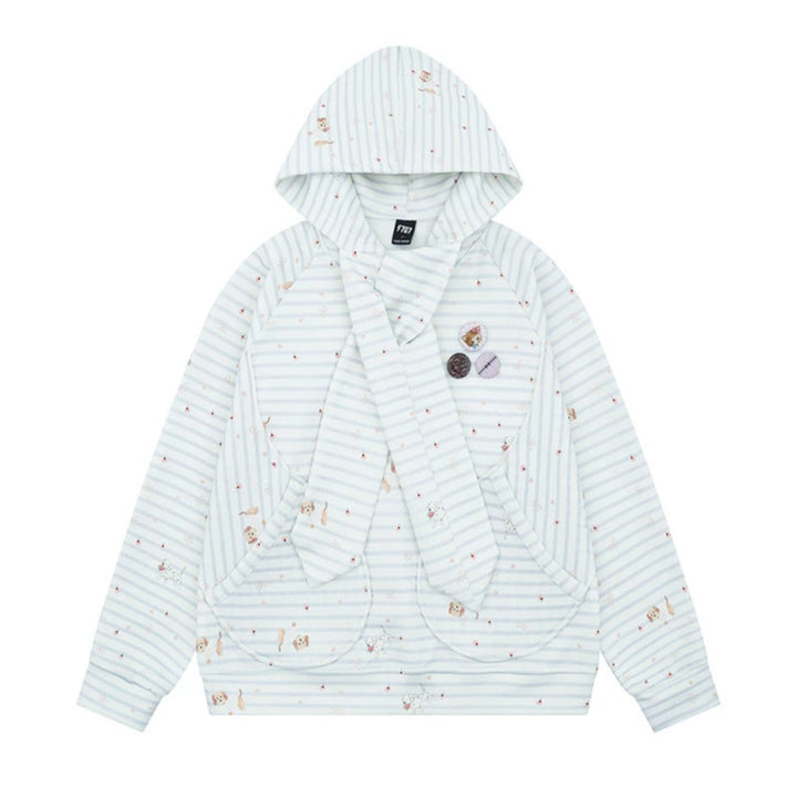 Women Cozy Hooded Oversized Sweater with Integrated Bow Scarf and Patch Pockets