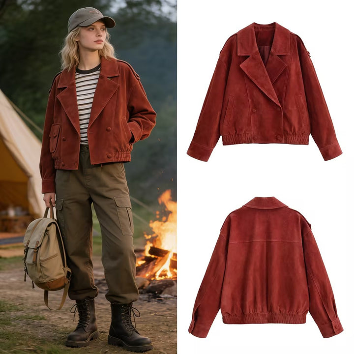 Women's short jacket made of suede in an oversized cut with a double-breasted button placket Mune Fashion
