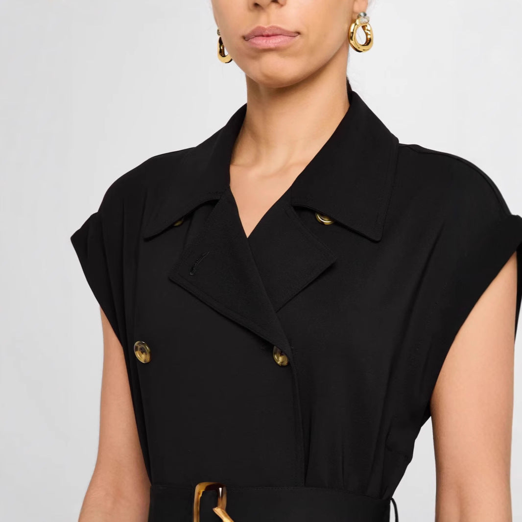 Women's Sleeveless Double-breasted Midi Dress with Trench Belt Mune Fashion