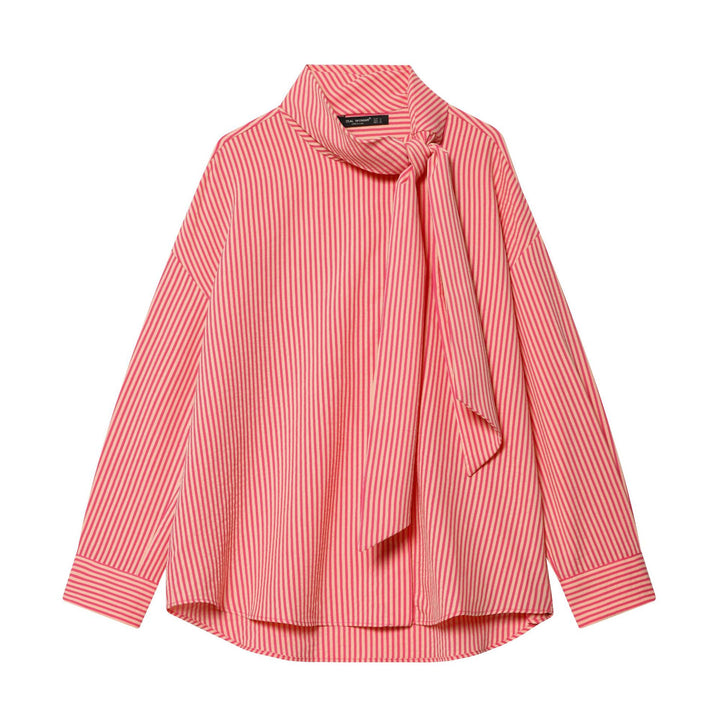 Women's feminine pull-on blouse with decorative bow, loose oversized cut and fine stripe pattern Mune Fashion