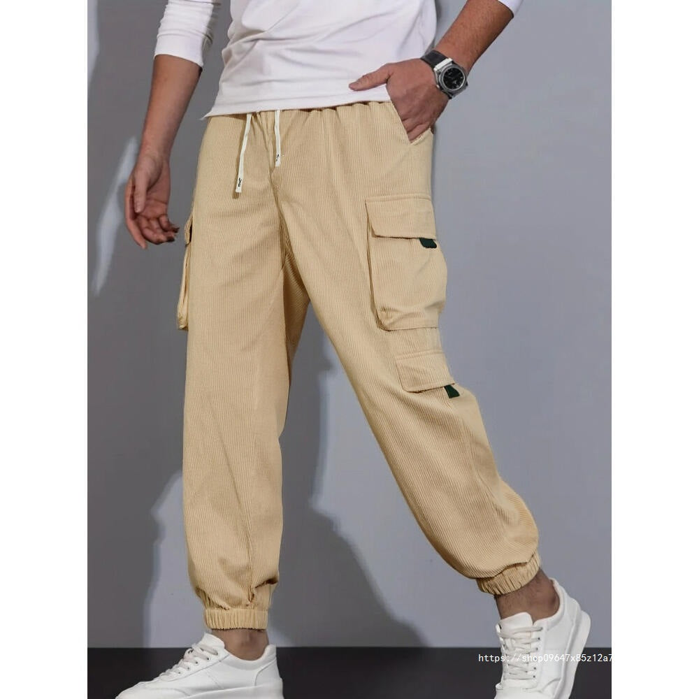 Men's Cord Cargo Jogging Pants with Elastic Waistband, Drawstring & Multiple Pockets Mune Fashion