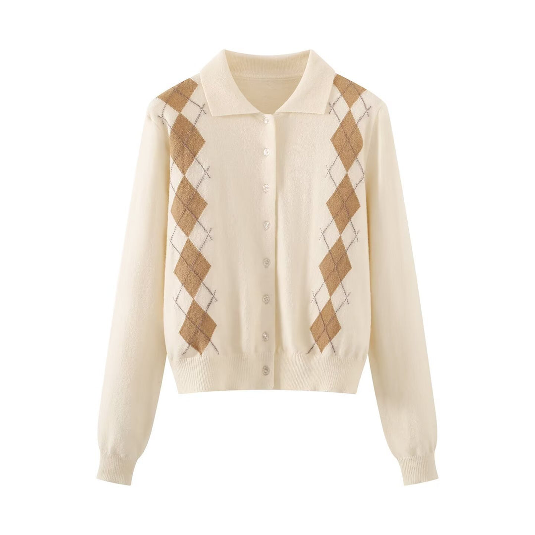 Women's fine knit cardigan with argyle pattern, polo collar, and tailored cropped fit Mune Fashion