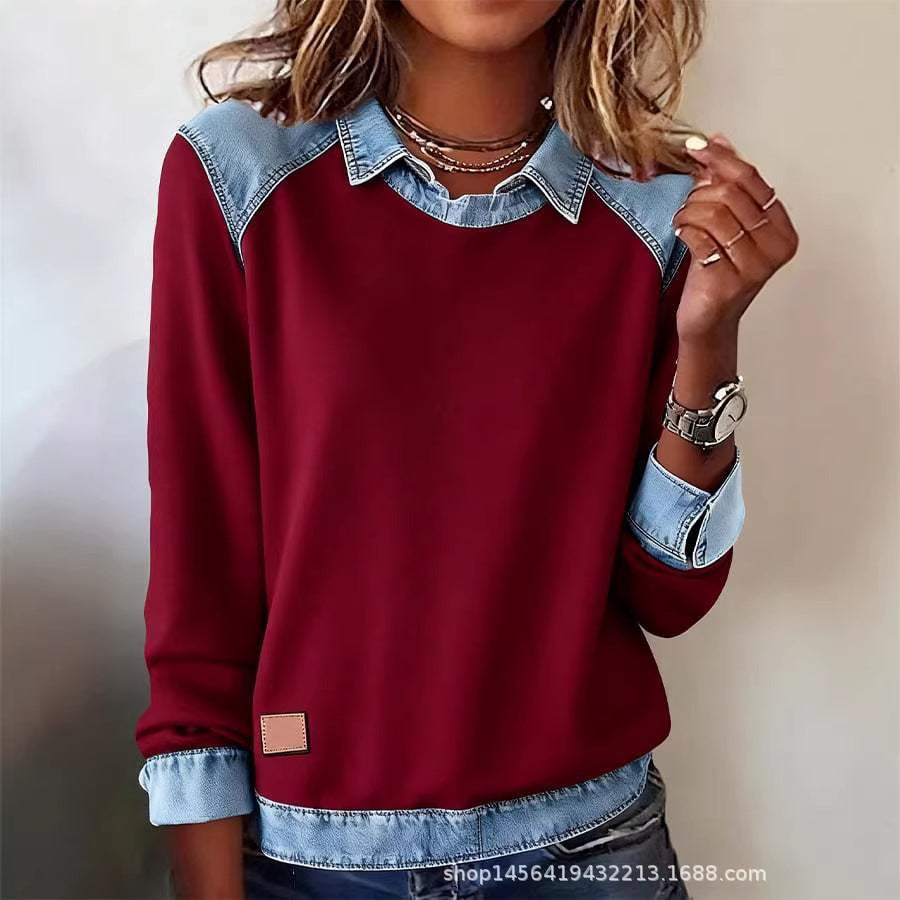 Women's knit sweater with denim collar and button placket Mune Fashion