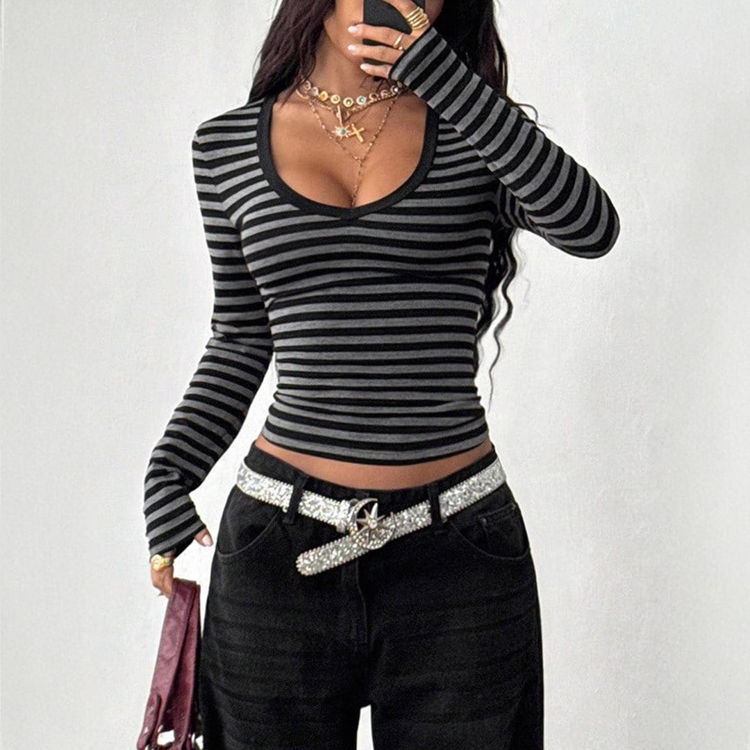 Women's Fitted Long Sleeve Shirt with Deep V-Neck and Fine Striped Pattern Mune Fashion