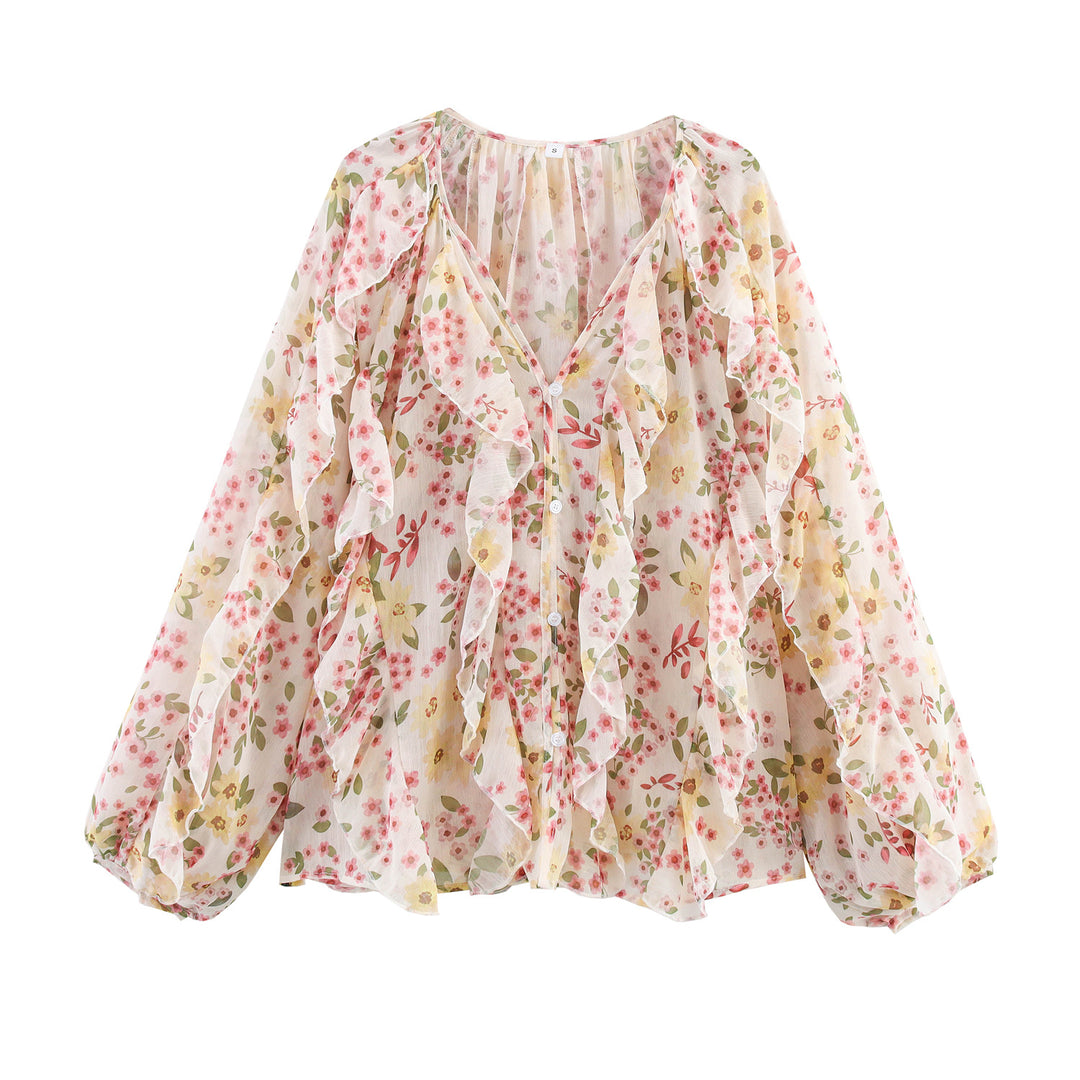 Women's feminine chiffon ruffle blouse with balloon sleeves and V-neck Mune Fashion