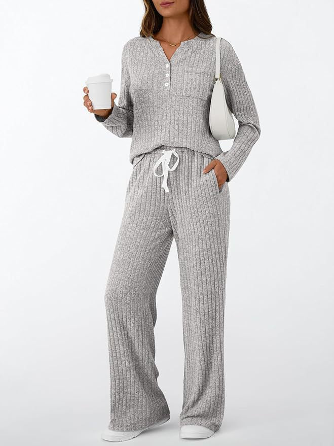 Women Ribbed Knit Lounge Set with Button Placket and Wide Drawstring Pants Mune Fashion