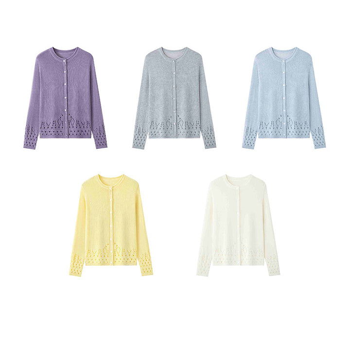 Women Fine Fine Knit Cardigan with Lace Pattern at the Hem and Round Neckline Mune Fashion