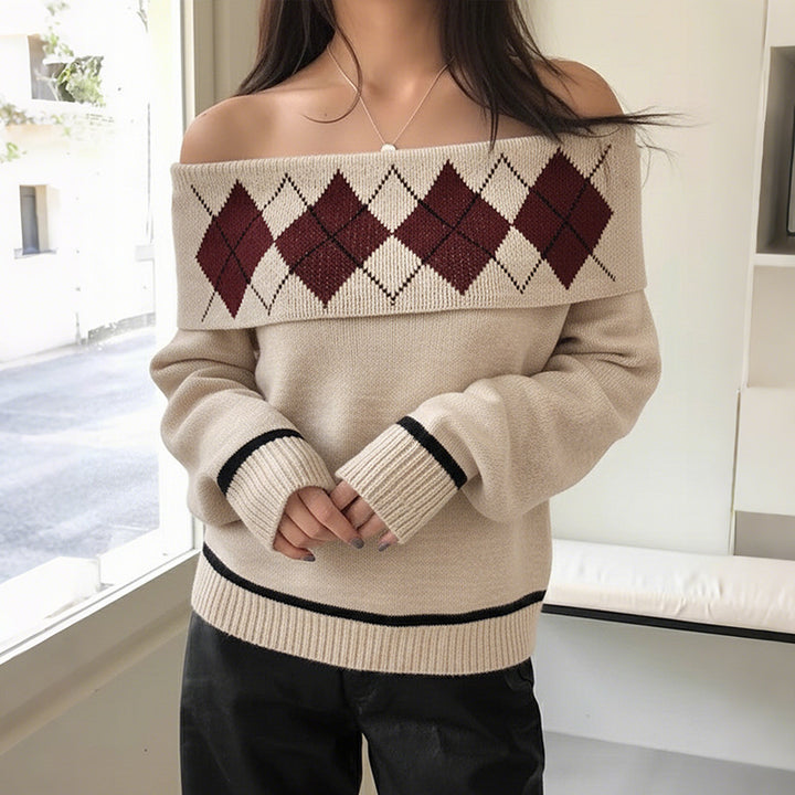 Women's Off-Shoulder Knit Sweater with Diamond Pattern and Folded Collar Mune Fashion
