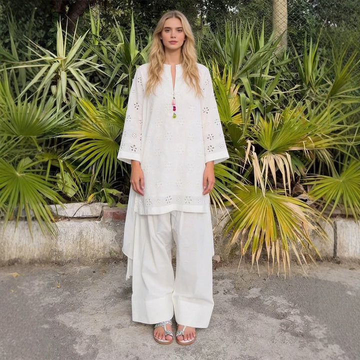 Women Loose Tunic Set with Broderie Anglaise and Wide Harem Pants Mune Fashion