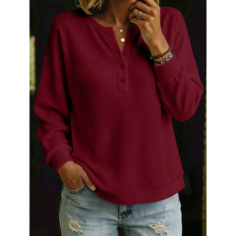 Women's Waffle Knit Henley Sweater with Oversized Cut Mune Fashion