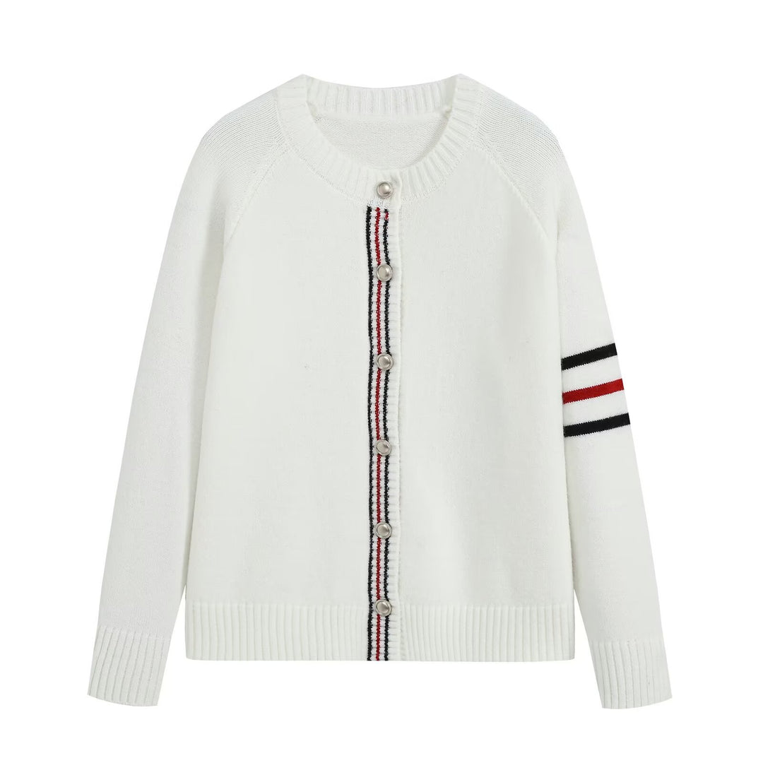 Women's fine knit cardigan with contrast stripes and golden decorative buttons Drune