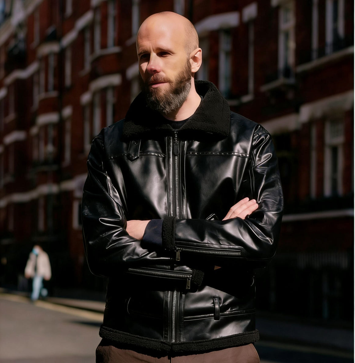 Men's Faux Leather Flight Jacket with Teddy Lining, Zippers and Stand Collar Mune Fashion