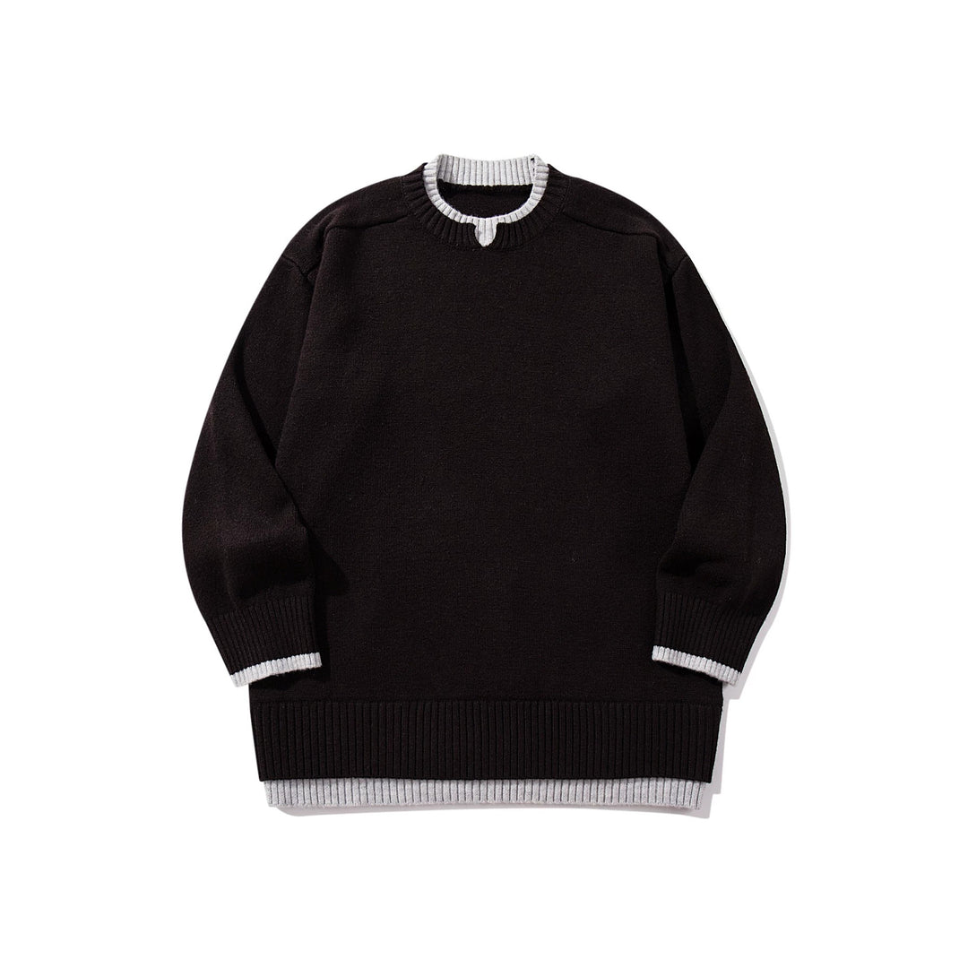 Ladies Oversize Knit Sweater with Contrasting Ribbed Collar and Extended Hem Mune Fashion