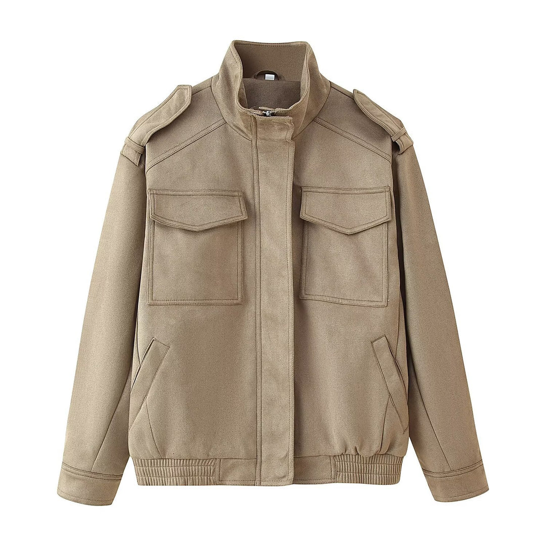Ladies Utility Bomber Jacket with Epaulettes, Stand-Up Collar and Patch Pockets Mune Fashion