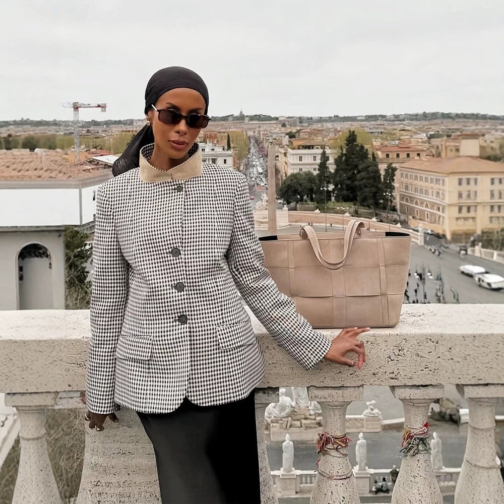 Women's Tailored Short Blazer in Vichy Check with Stand Collar and Curved Hem Mune Fashion