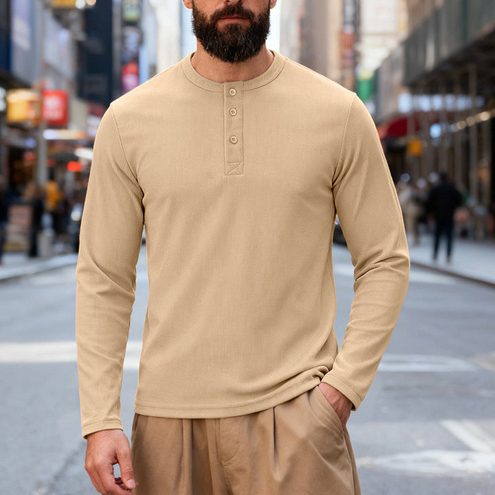 Men's nan Thermo-Henley-Long Sleeve Shirt with Waffle Structure, Round Neckline and Button Placket Mune Fashion