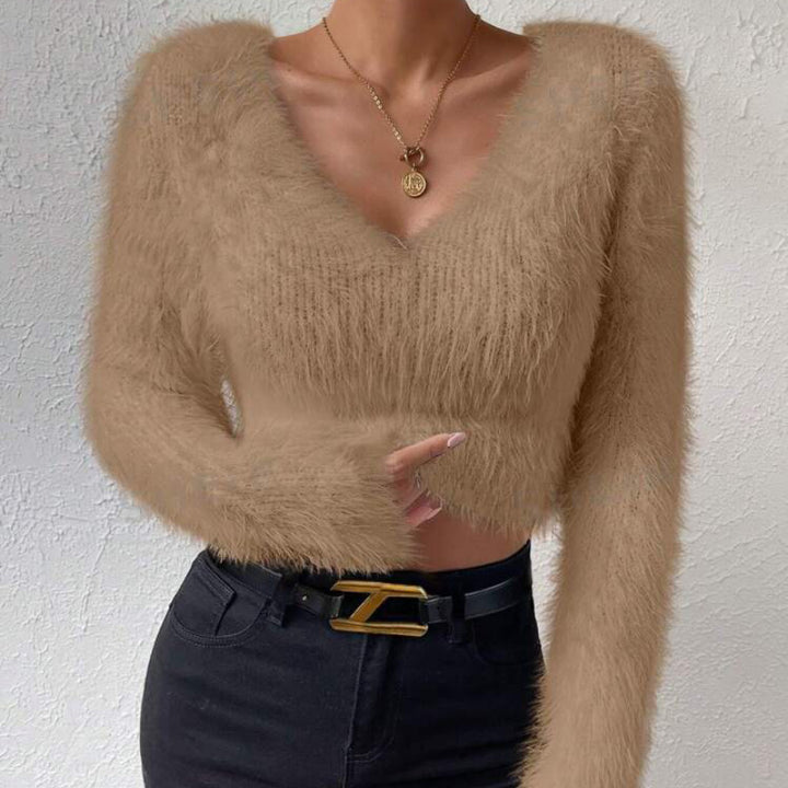 Women's Fluffy Crop Sweater with V-Neck and Eyelash Structure Mune Fashion